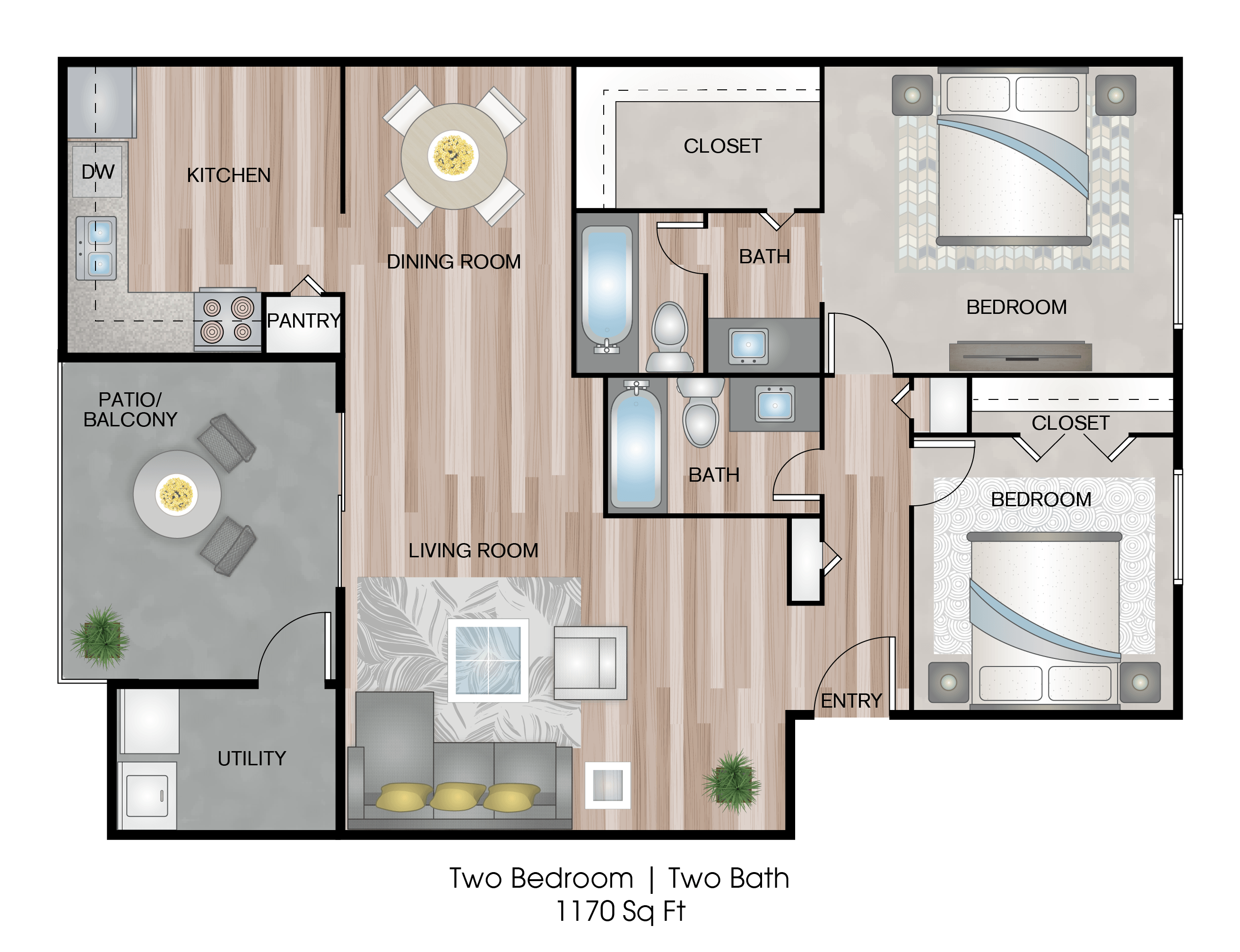 an illustration of a floor plan with two bedrooms and a bathroom